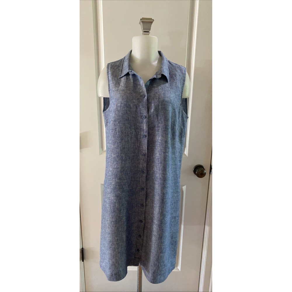 Garnet Hill Blue Linen Shirtdress Size 12 Sleeveless Button Front Dress